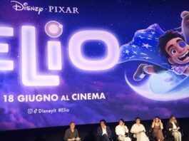 Madeline Sharafian, Domee Shi, Mary Alice Drumm con le voci italiane Alessandra Mastronardi (Olga Solís) e Adriano Giannini (Lord Grigon) alla conferenza stampa del film Pixar: Elio